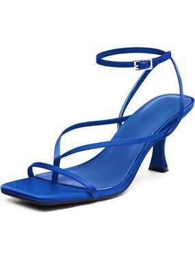 Women's Royal Blue Leather Lace Up Square Flip Flop High Heels Strappy Sandals